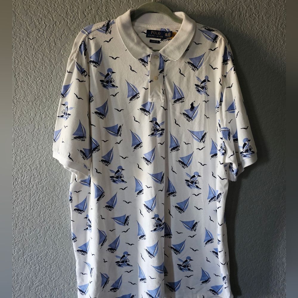 Ralph Lauren White Polo with Blue Sailboat Print Size XXL